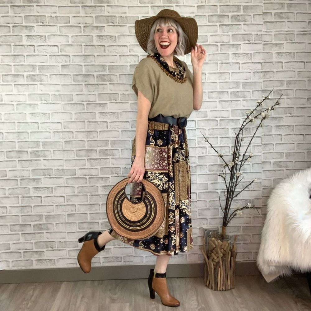 Vintage Safari Floral Decorative Neckline Dress